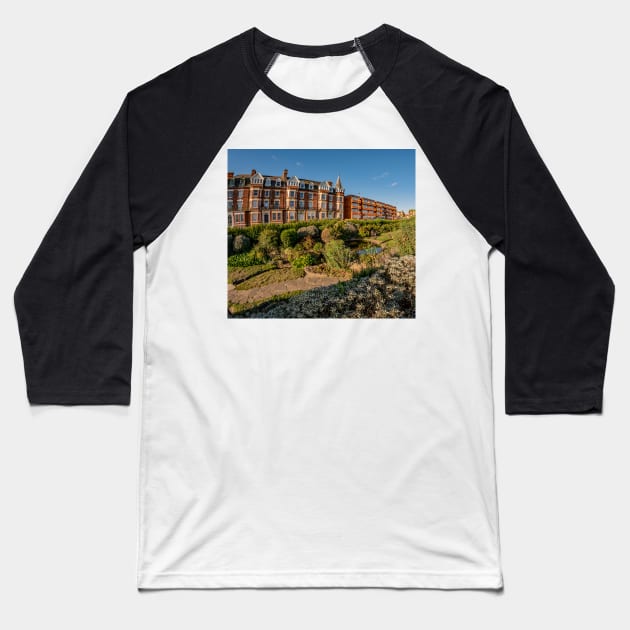 Fisheye view of a Victorian hotel and public gardens in the seaside town of Cromer, North Norfolk Baseball T-Shirt by yackers1